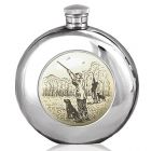 6oz Scrimshaw Style Shooting Round Hip Flask in Pewter