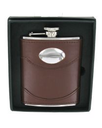 6oz Brown Leather Hip Flask with Engraving Panel
