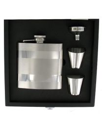 6oz Satin Band Steel Hip Flask Gift Set in Wooden Box