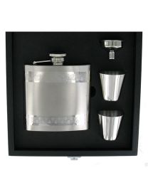 6oz Double Check Steel Hip Flask Gift Set in Wooden Box